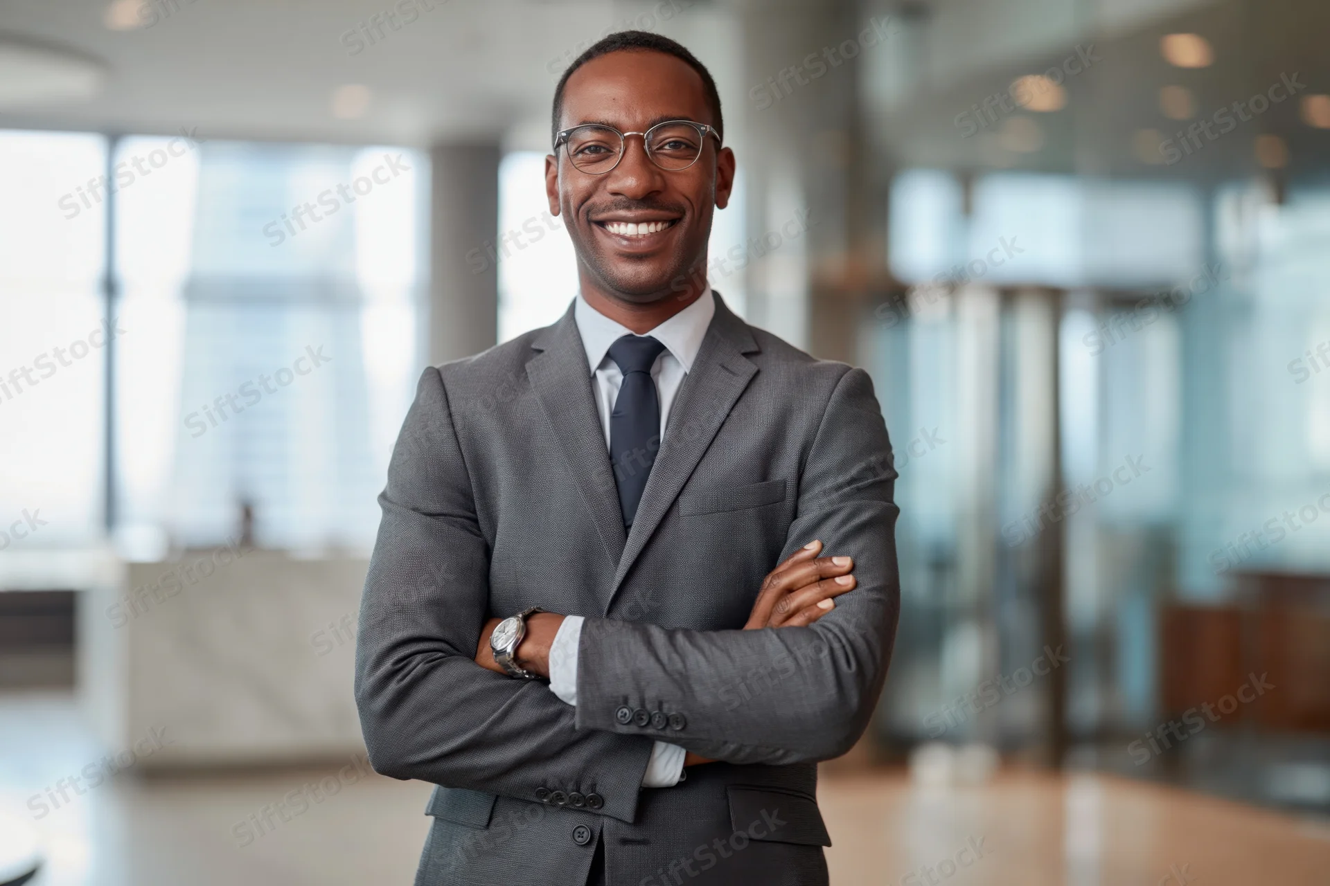 Confident black businessman in gray suit with arms crossed smiling in modern office lobby