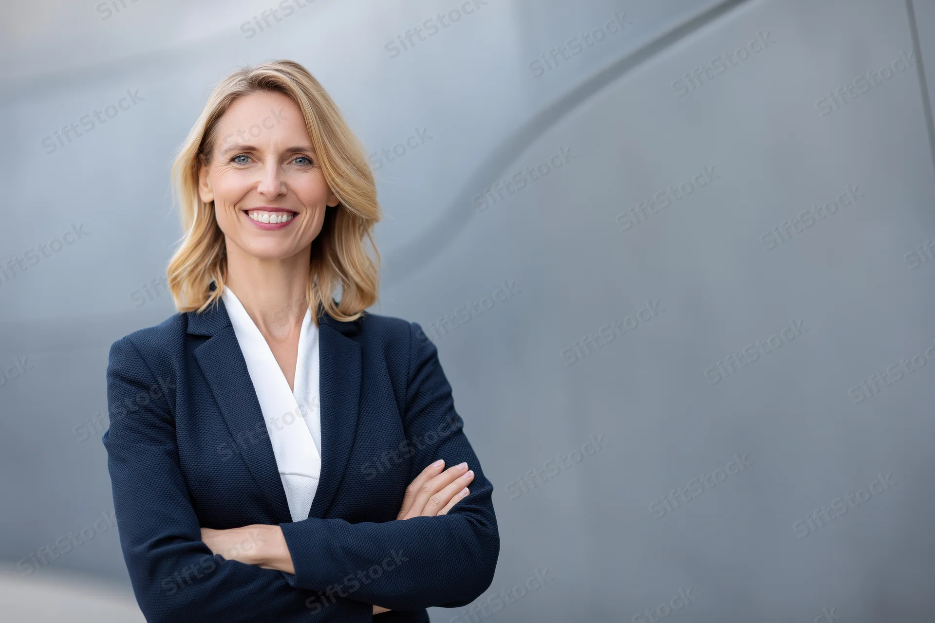 Confident middle-aged businesswoman standing with arms crossed in front of modern gray building exterior
