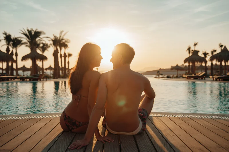 Couple sitting on wooden pool deck facing sunset at tropical resort