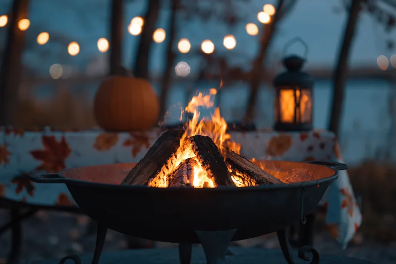 Crackling fire burning in a cast iron fire pit at a lakeside patio with autumn decorations and string lights in the evening