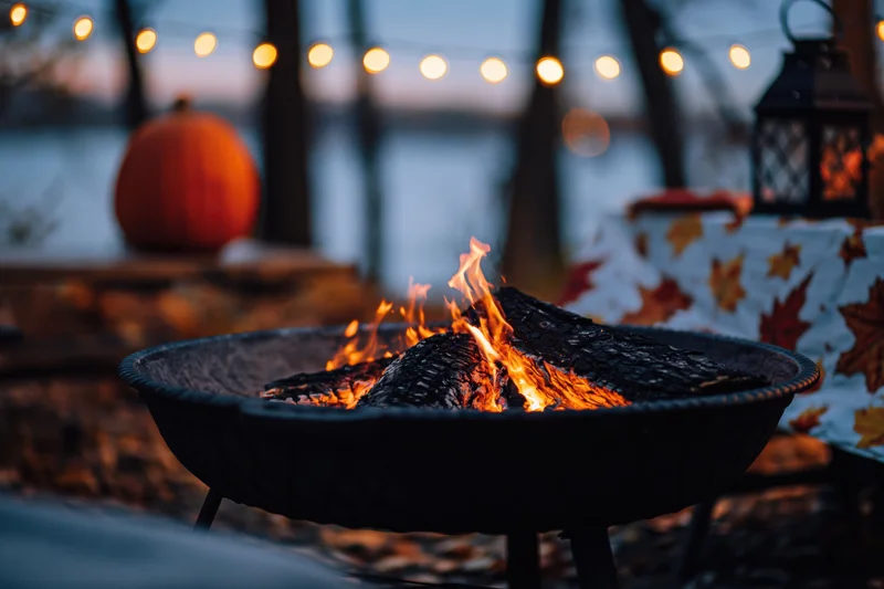 Crackling fire burning in a cast iron fire pit at a lakeside patio with autumn decorations and string lights in the evening