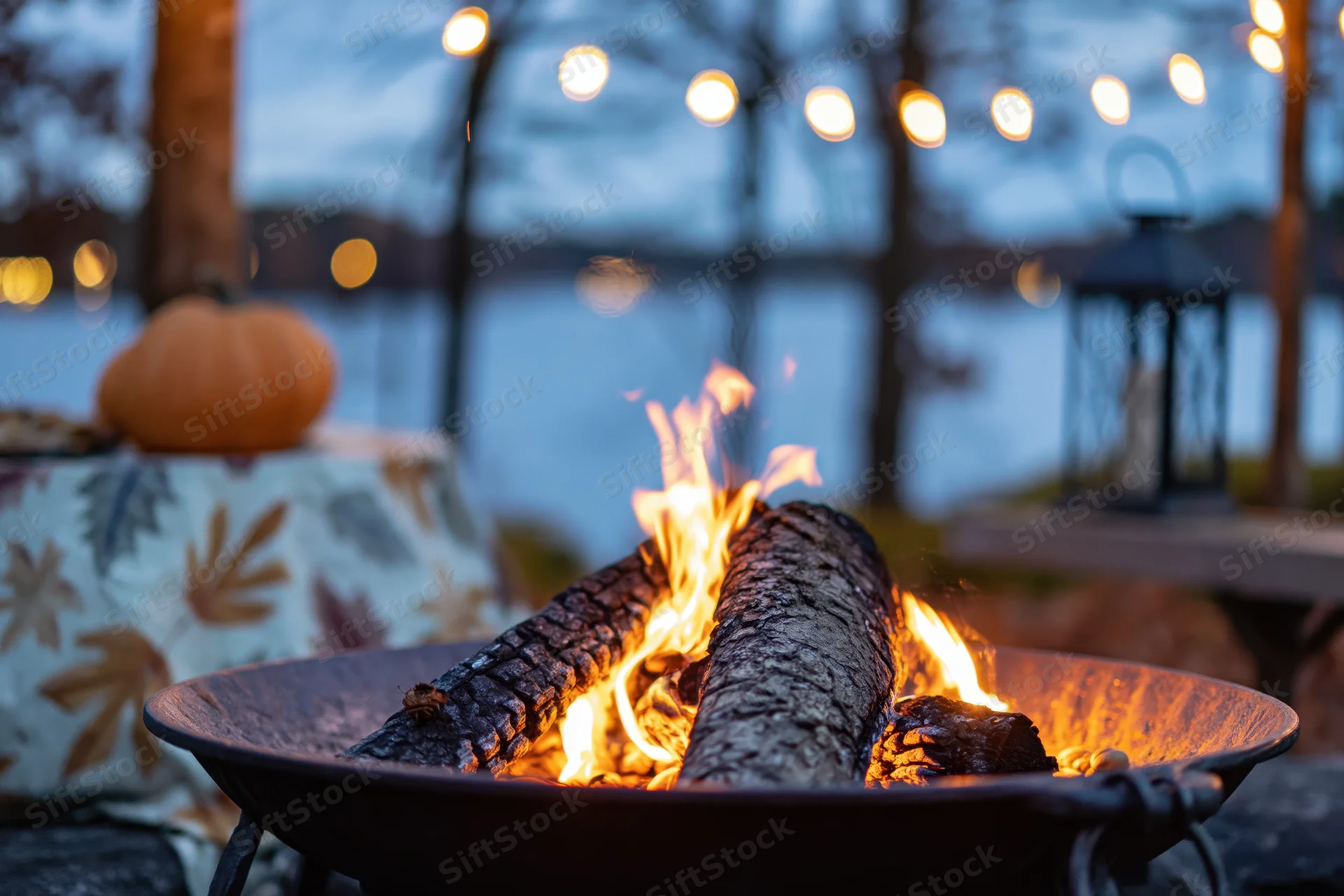 Crackling fire burning in a cast iron fire pit at a lakeside patio in autumn evening