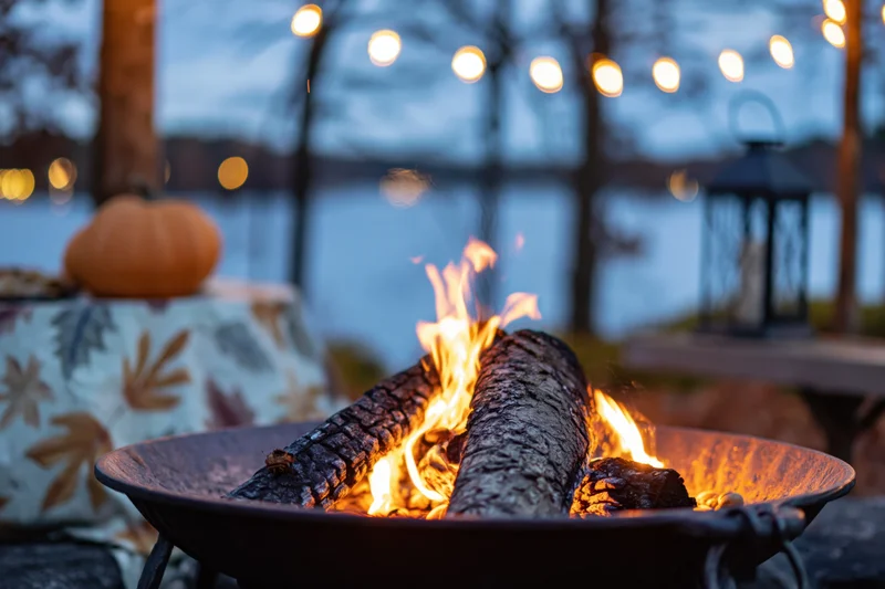 Crackling fire burning in a cast iron fire pit at a lakeside patio in autumn evening