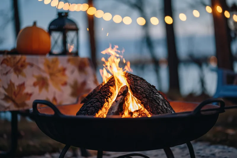 Crackling fire burning in a cast iron fire pit at a lakeside patio in autumn evening