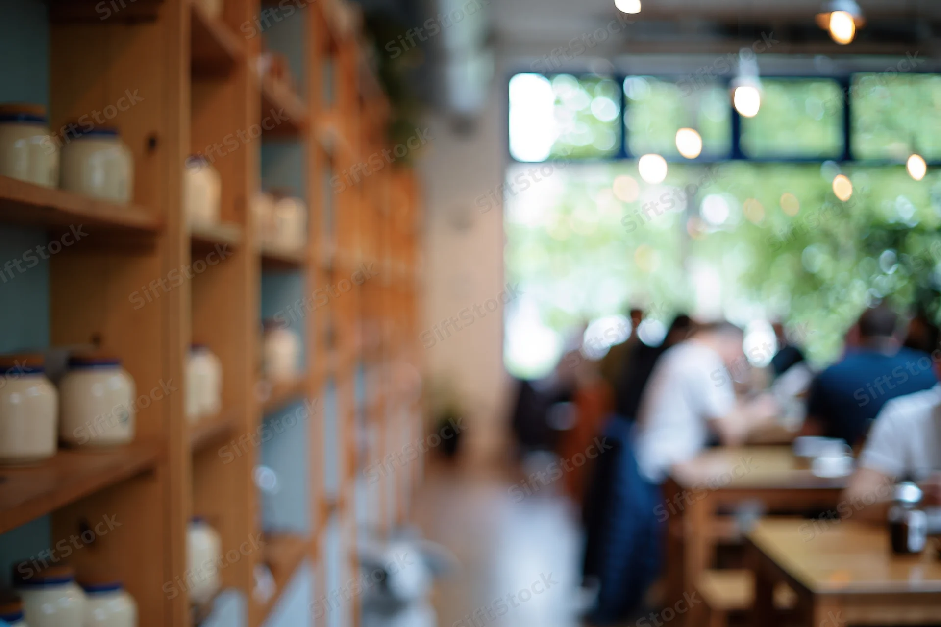 Blurred interior of a casual cafe with wooden shelves and jars, customers dining near windows
