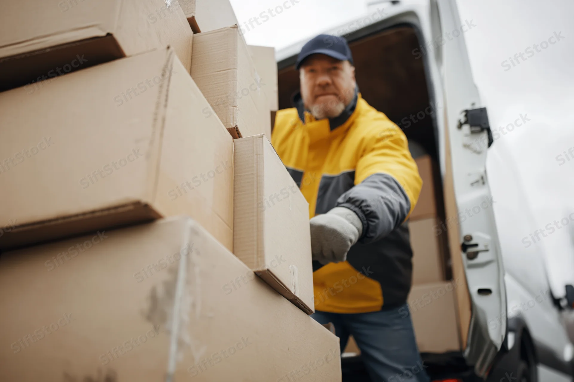 Delivery worker pushing stacked cardboard boxes from a van