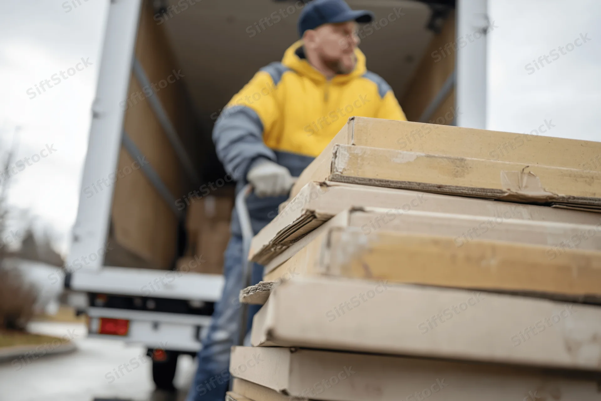 Delivery worker pushing hand truck loaded with stacked cardboard boxes from delivery van