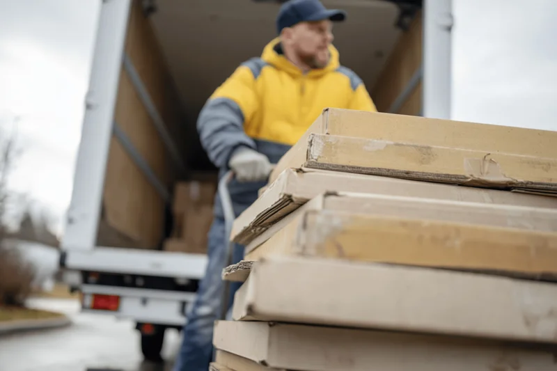 Delivery worker pushing hand truck loaded with stacked cardboard boxes from delivery van
