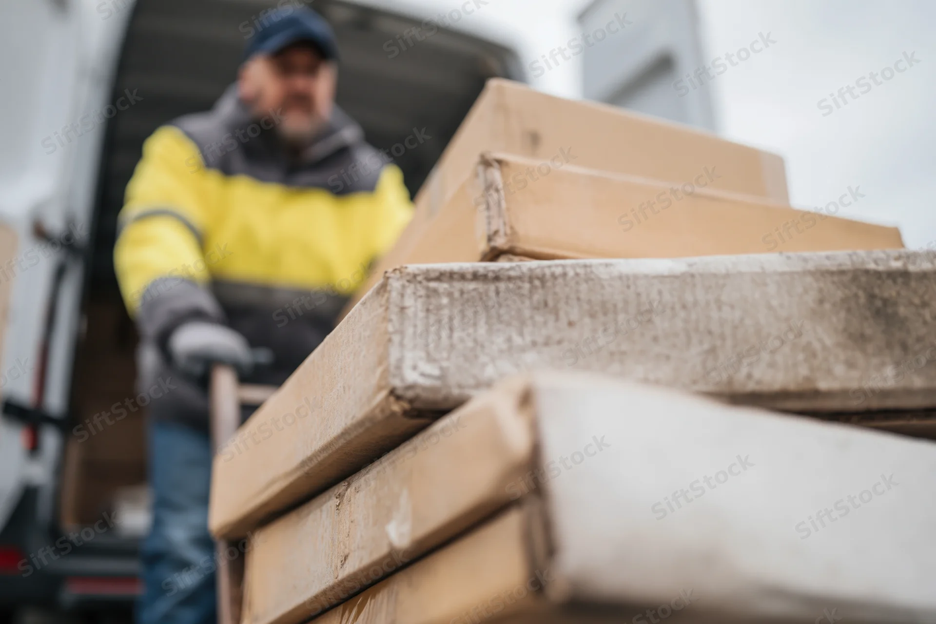 Delivery worker pushing hand truck loaded with stacked cardboard boxes from van