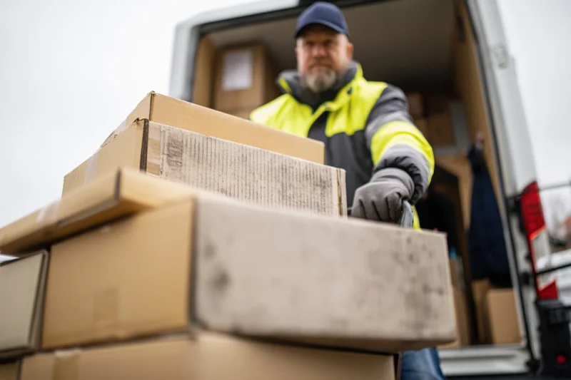 Delivery worker pushing a hand truck loaded with stacked cardboard boxes from a van