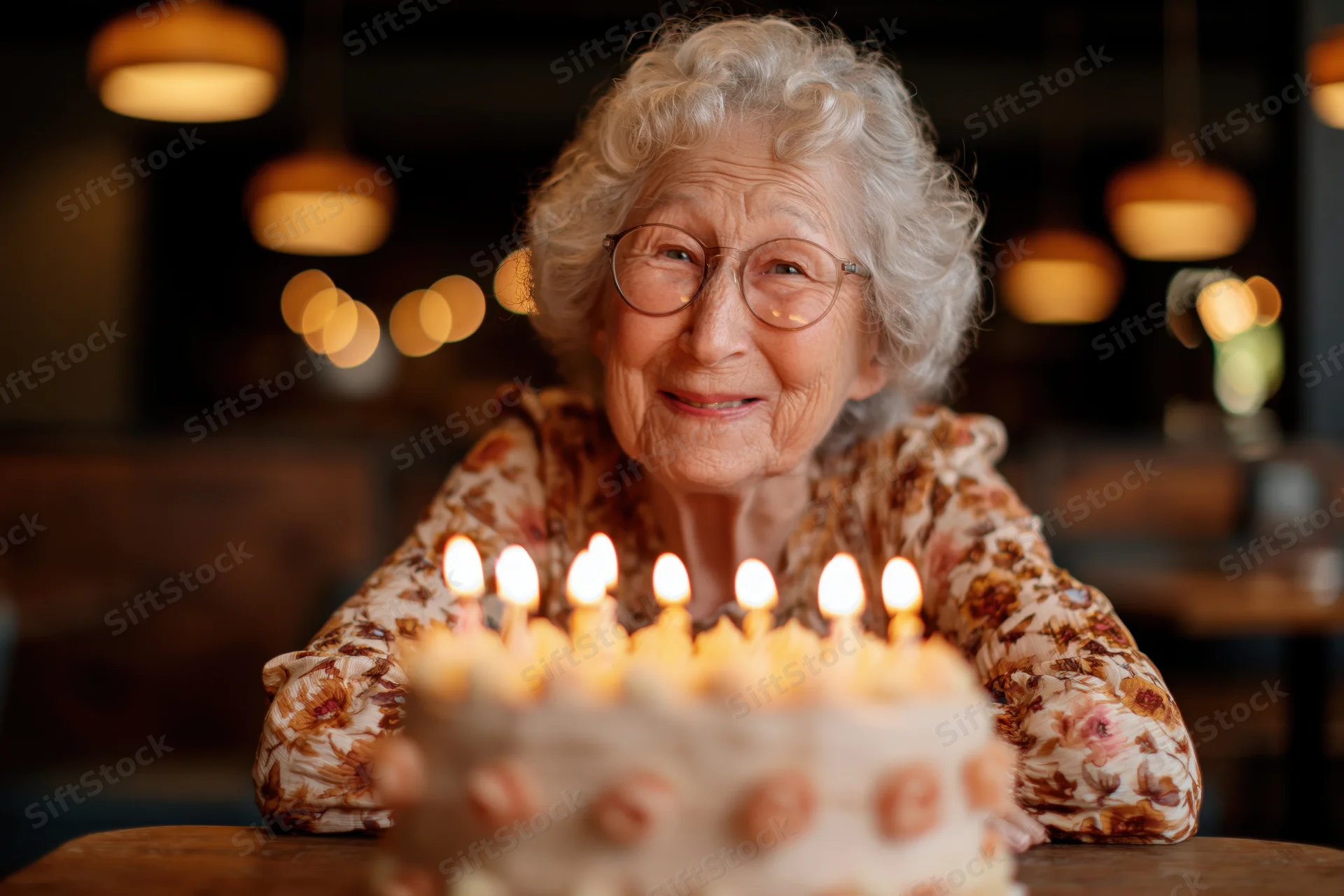Elderly woman smiling behind a birthday cake with lit candles at a dining table