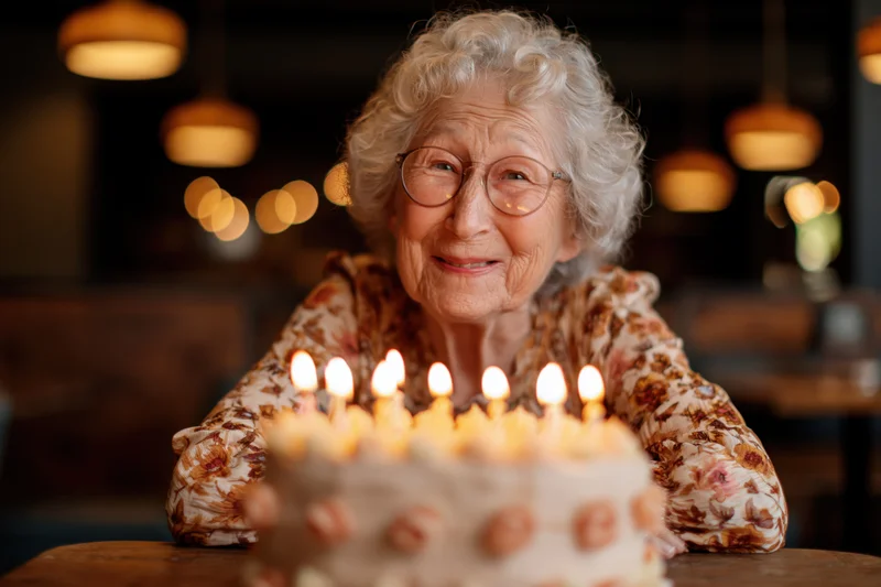 Elderly woman smiling behind a birthday cake with lit candles at a dining table