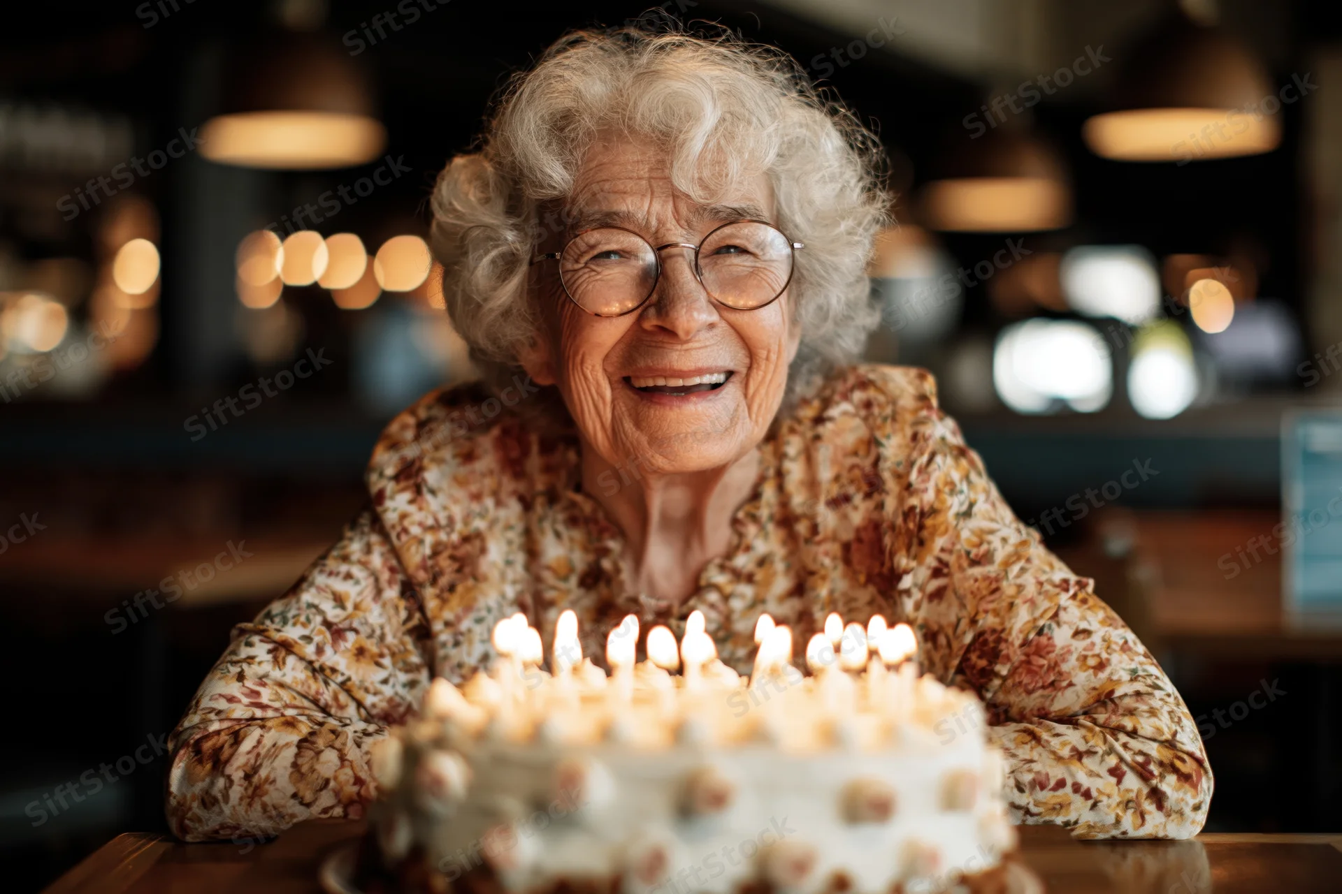 Elderly woman smiling warmly behind a birthday cake with lit candles at a restaurant table