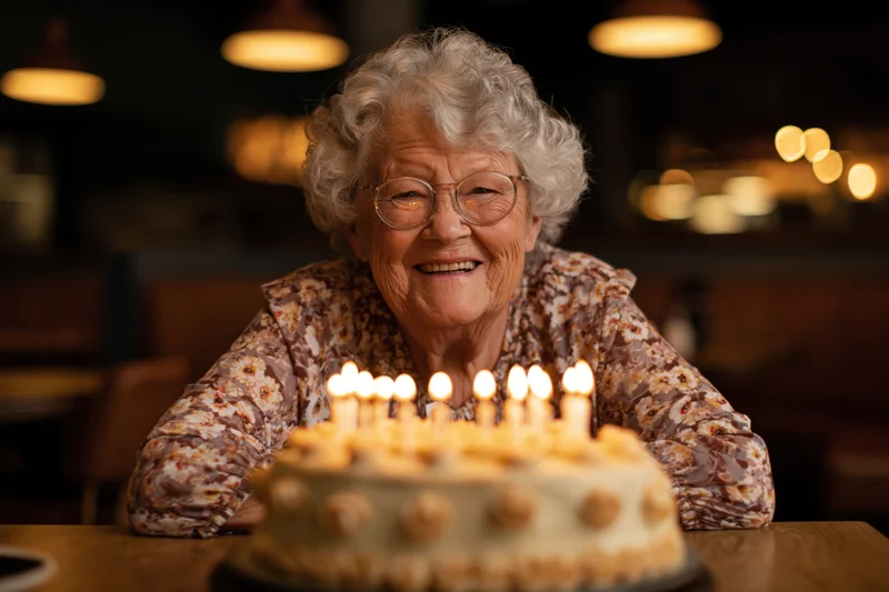Senior woman smiling behind a birthday cake with lit candles at a restaurant table