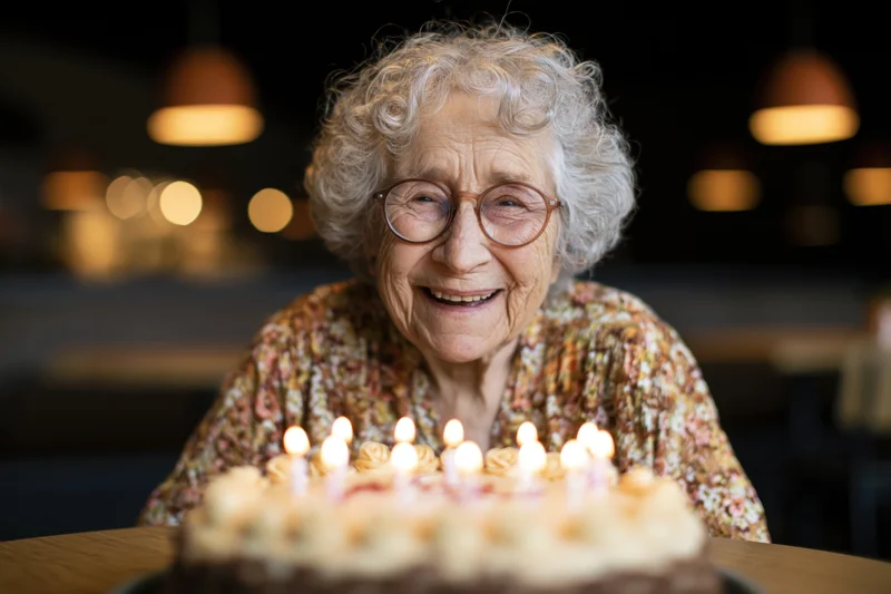 Elderly woman smiling warmly behind a birthday cake with lit candles on a wooden table indoors