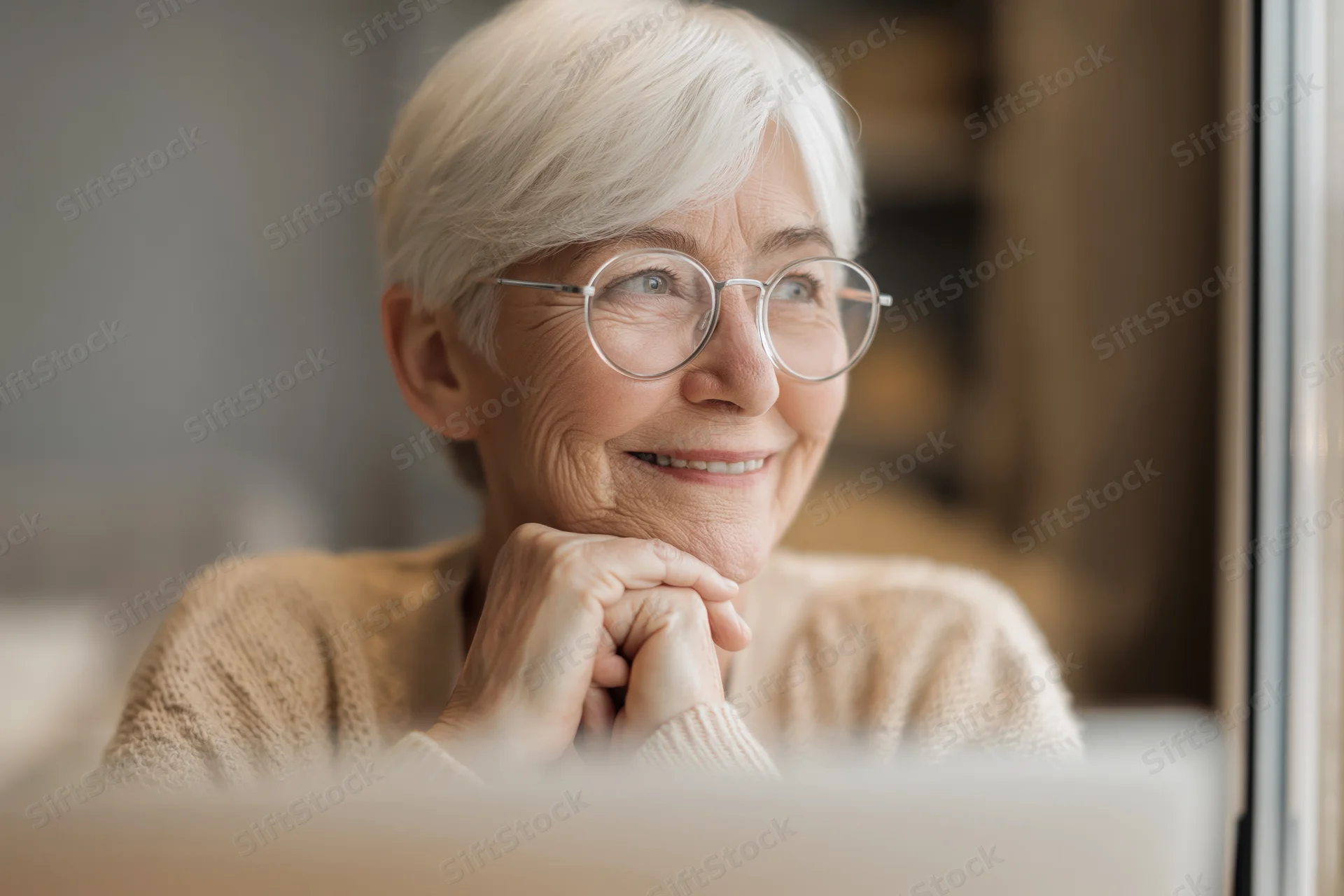Elderly woman with short white hair and round glasses smiling while resting her chin on clasped hands indoors