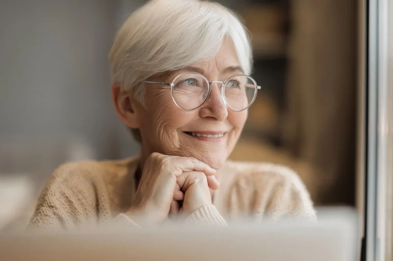 Elderly woman with short white hair and round glasses smiling while resting her chin on clasped hands indoors