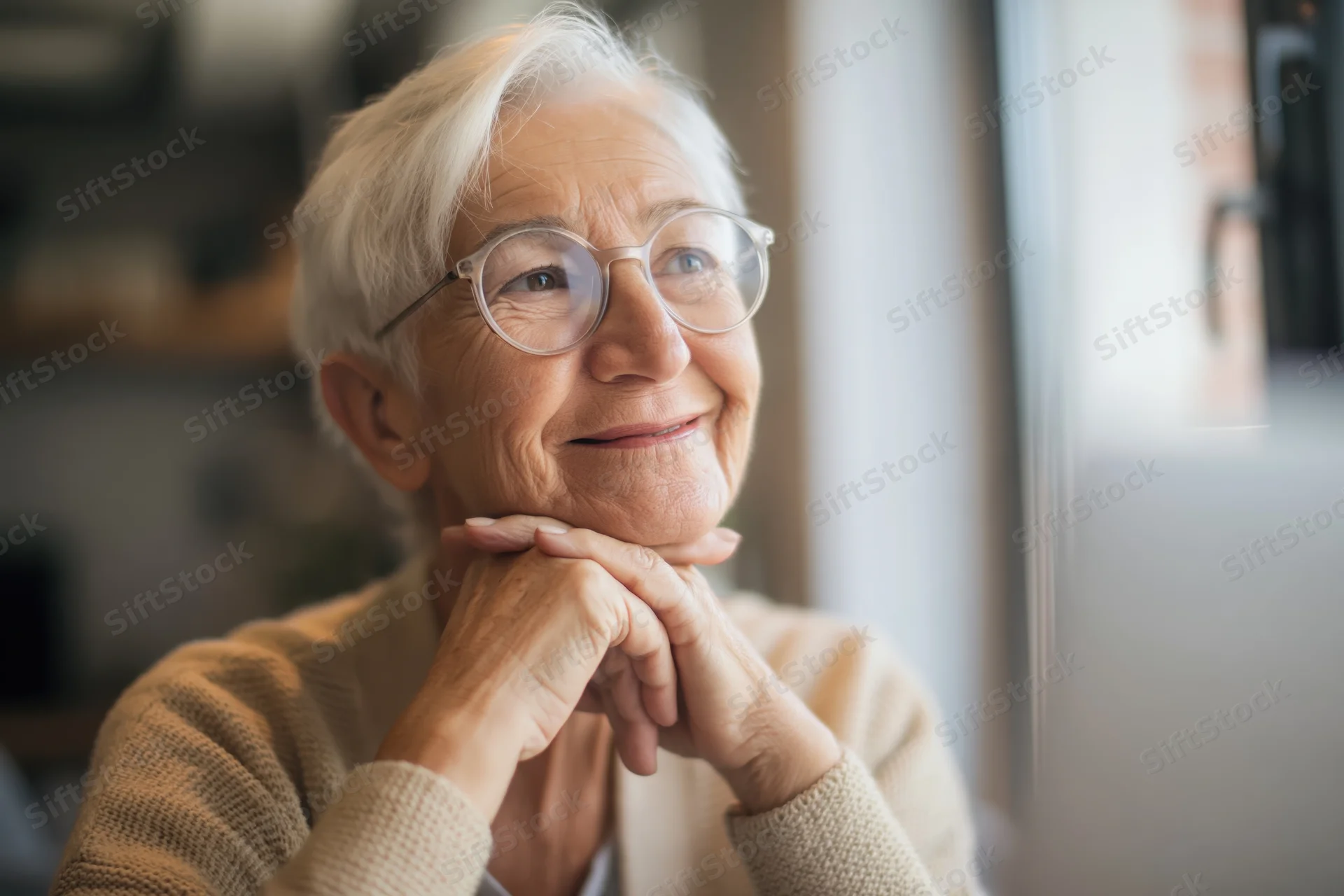 Elderly woman with short white hair and round glasses smiling while resting her chin on clasped hands indoors near a window