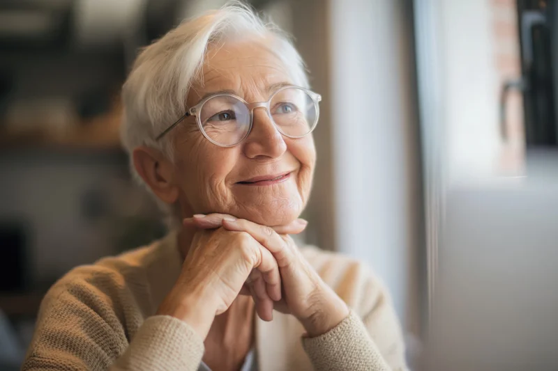 Elderly woman with short white hair and round glasses smiling while resting her chin on clasped hands indoors near a window