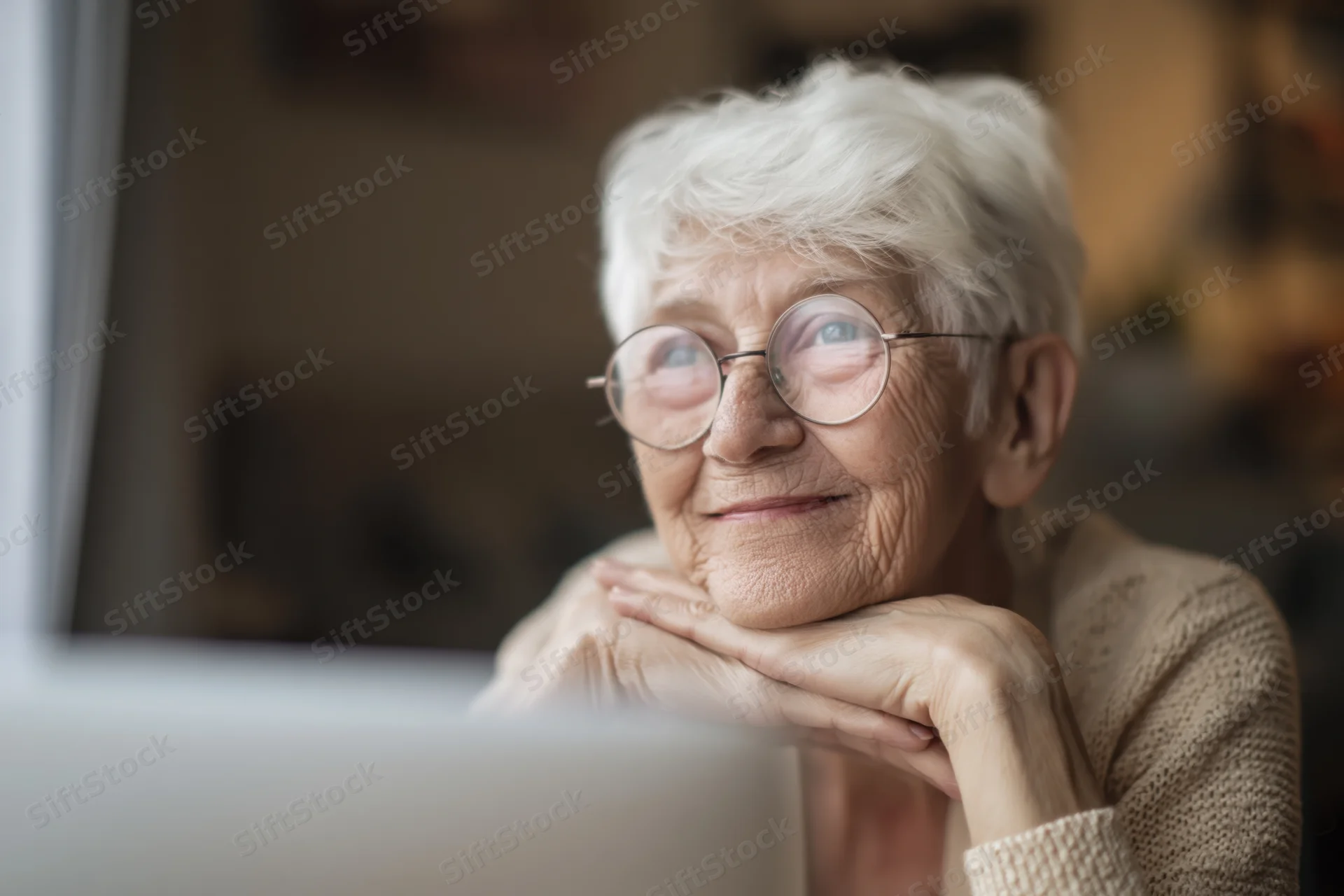 Elderly woman with short white hair and round glasses resting her chin on her hands indoors