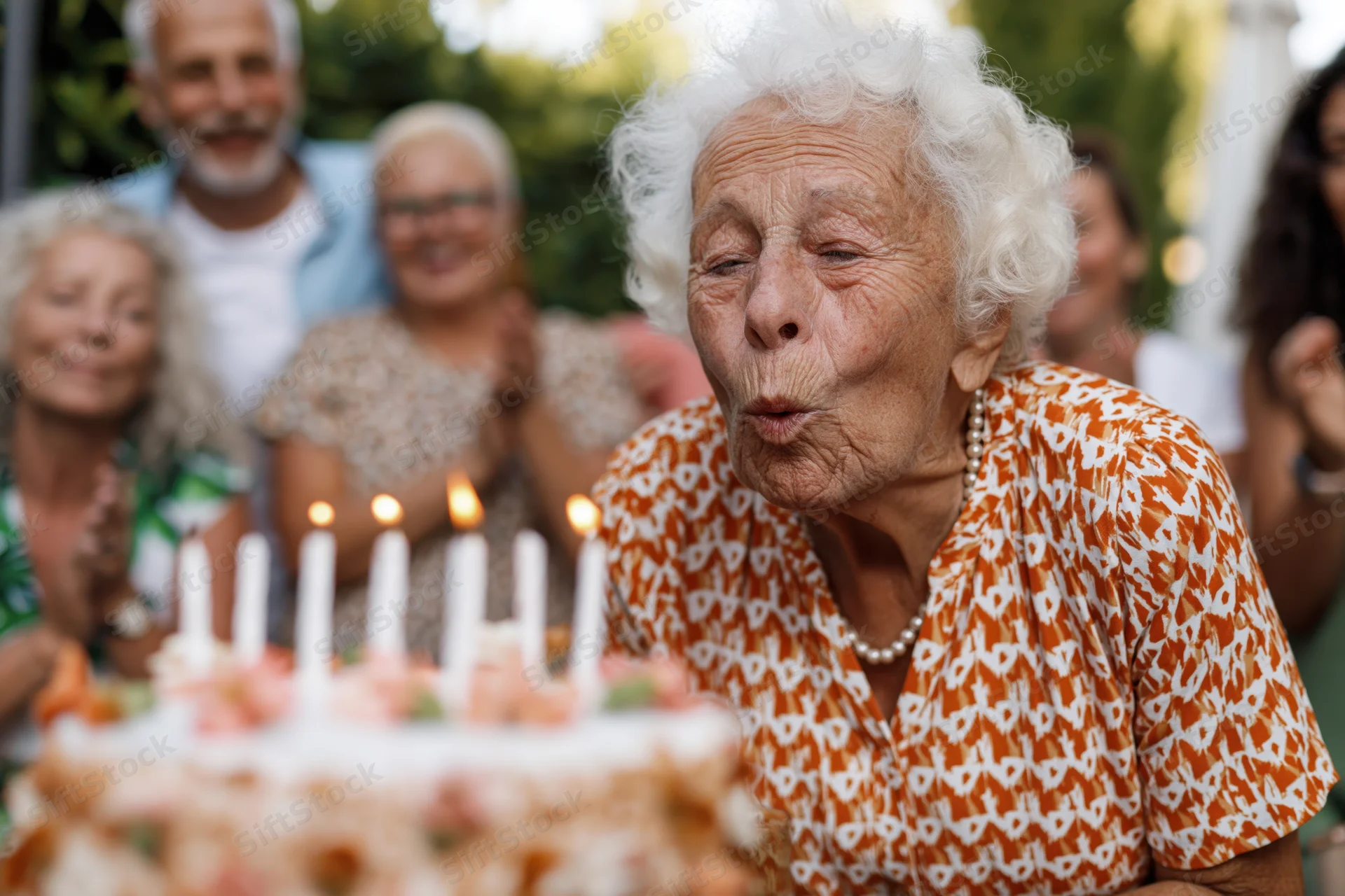 Elderly woman blowing out candles on a birthday cake outdoors with family clapping behind her