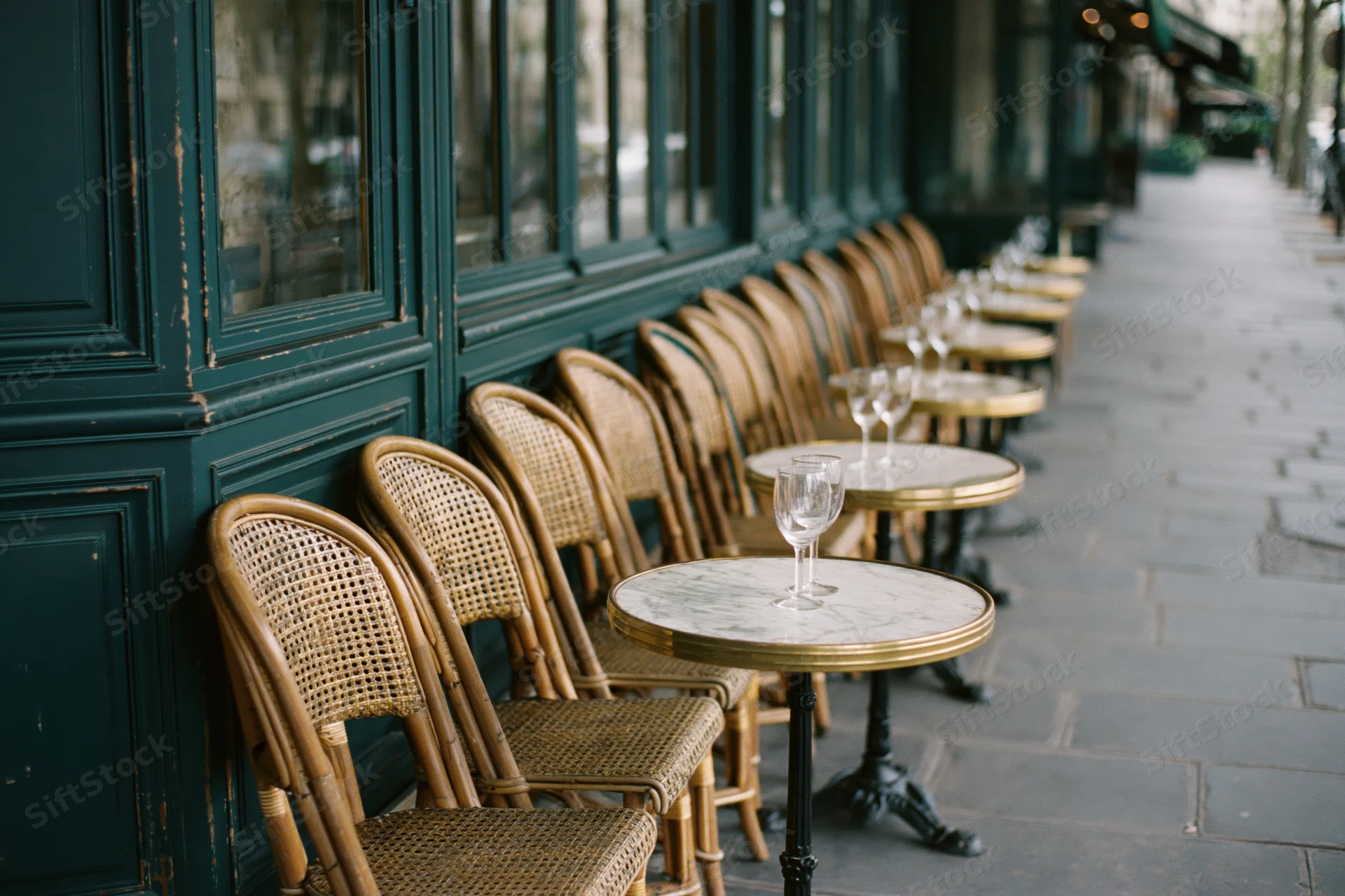 Empty parisian cafe terrace with row of rattan chairs and marble tables along stone sidewalk