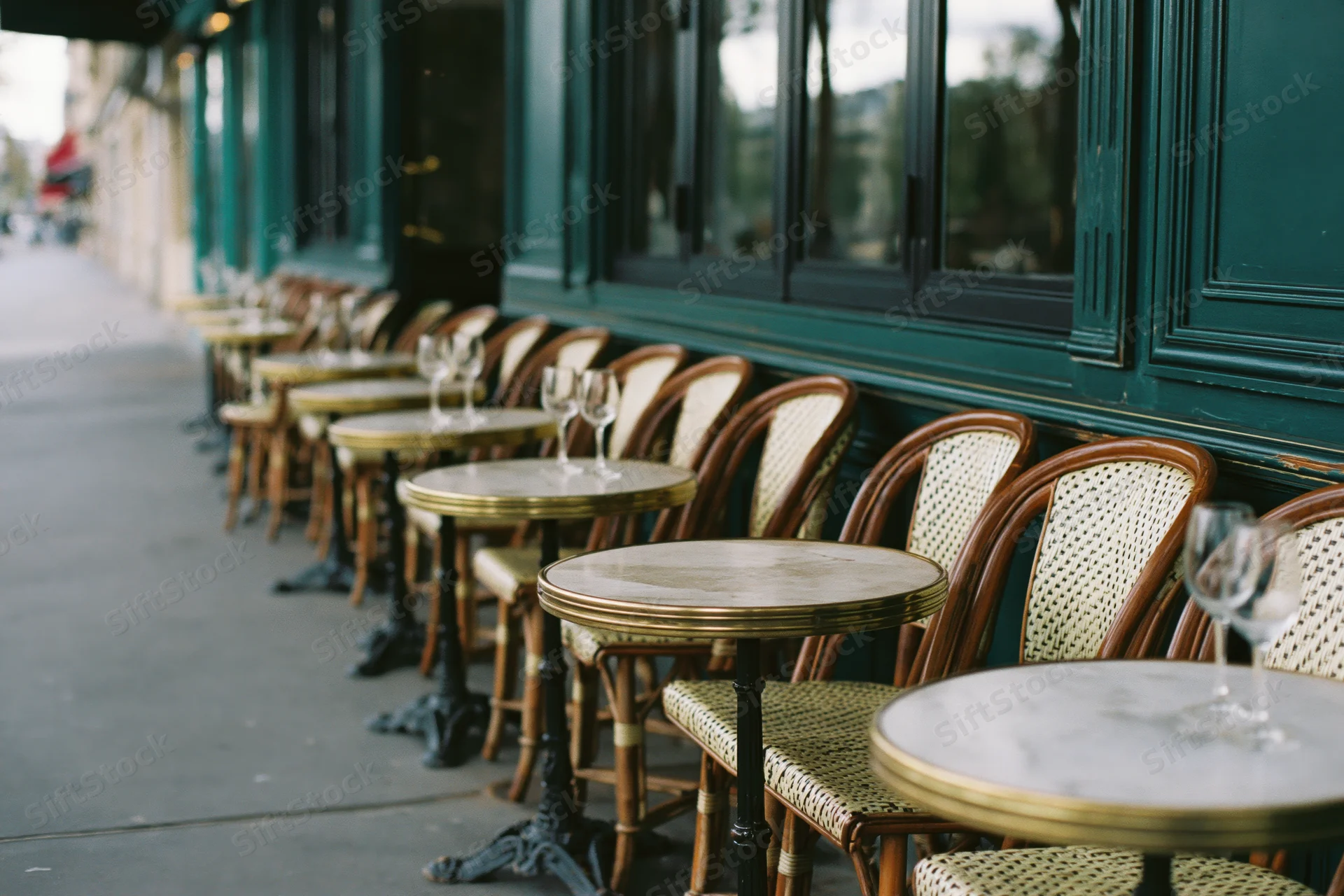 Row of small round marble-topped tables with brass edges and wicker chairs along a green-painted parisian cafe terrace on a quiet sidewalk