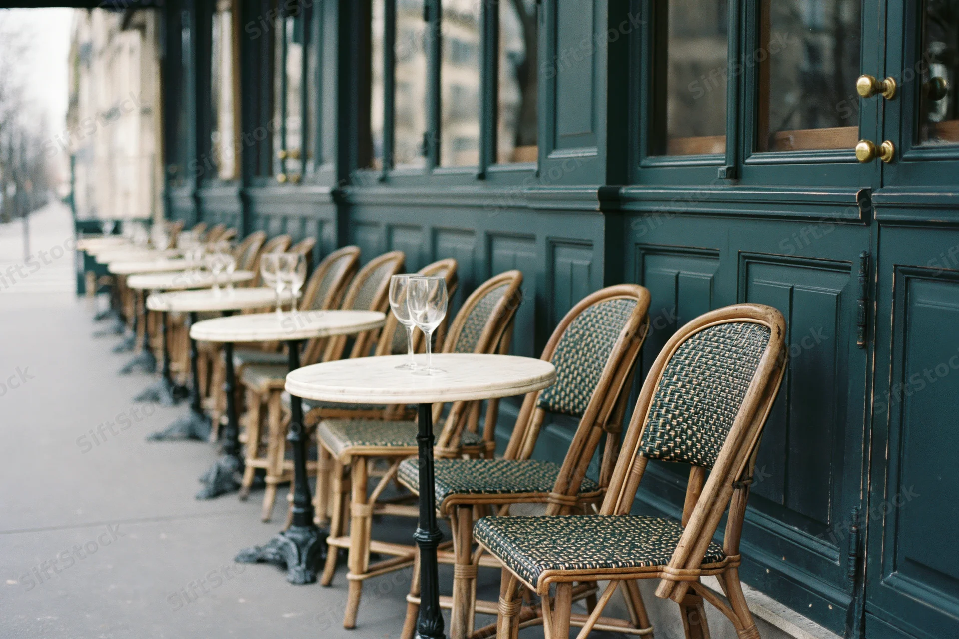 Row of empty marble tables and rattan chairs along a parisian cafe terrace sidewalk