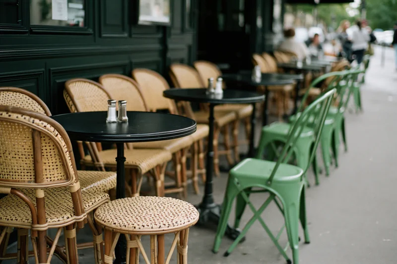 Empty parisian cafe terrace with small round black tables and wicker chairs along the sidewalk