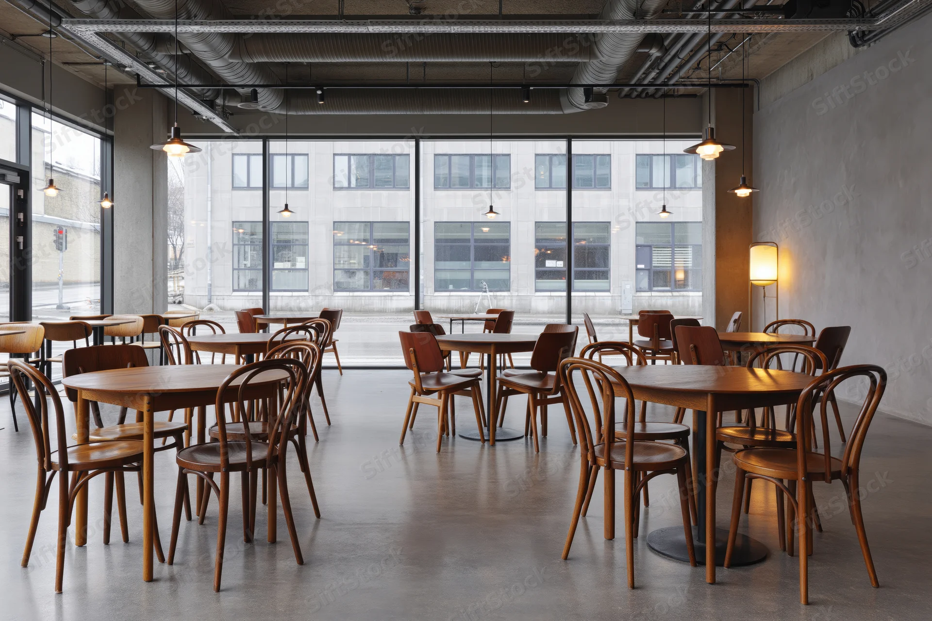Empty industrial-style cafe interior with wooden round tables and exposed ductwork