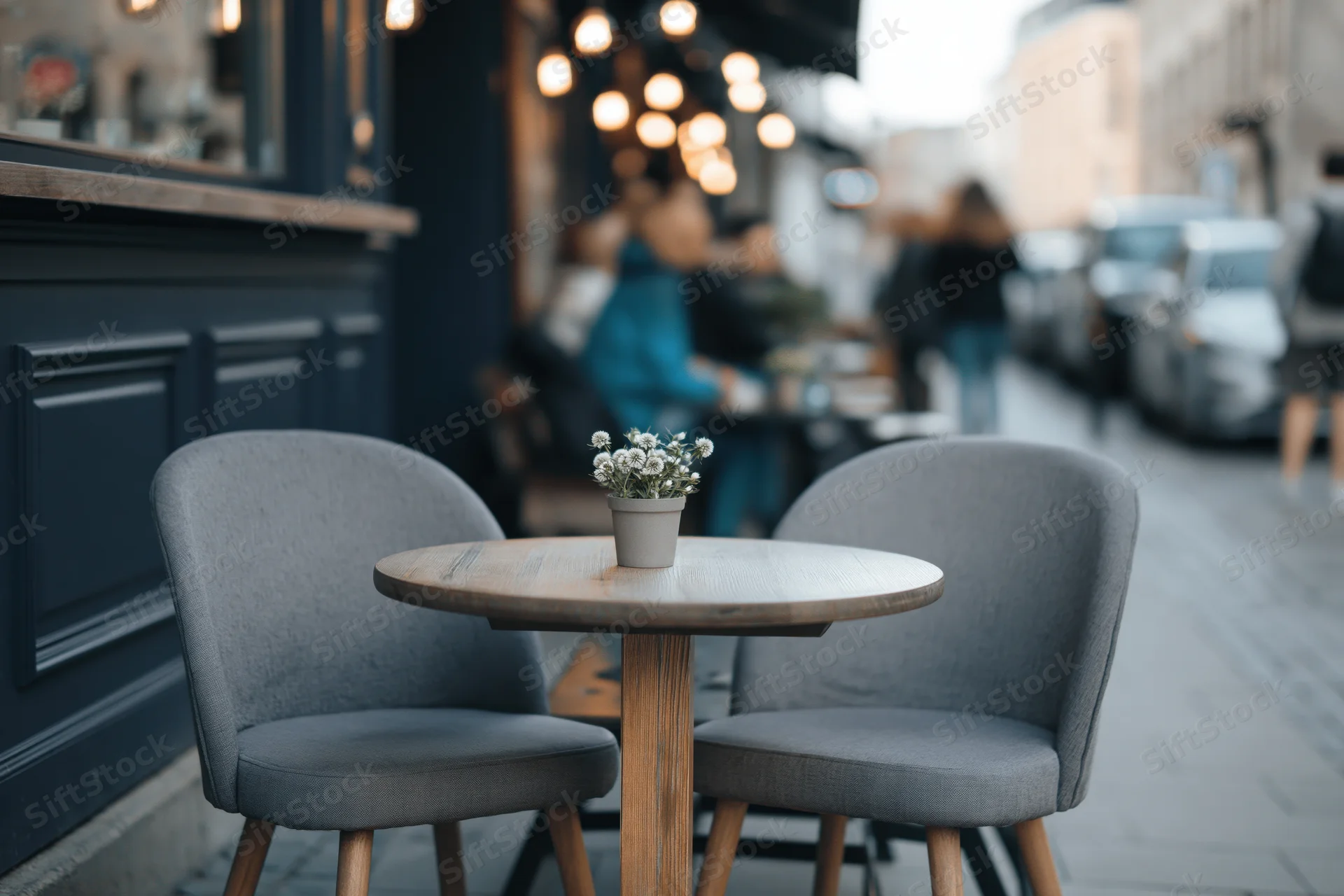 Round wooden table with two grey upholstered chairs on a sidewalk cafe terrace