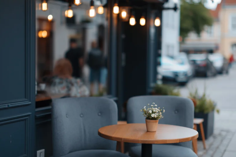 Round wooden table with two grey upholstered chairs on a cafe sidewalk at evening