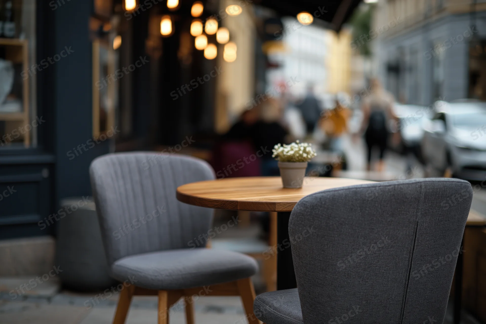 Round wooden table with two grey upholstered chairs on outdoor cafe patio at evening