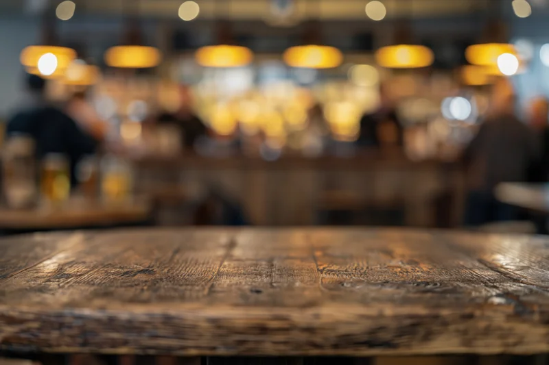 Empty rustic wooden table surface in a warmly lit bar with blurred background of people and pendant lights