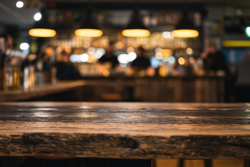 Rustic wooden table surface in foreground with blurred bar interior behind