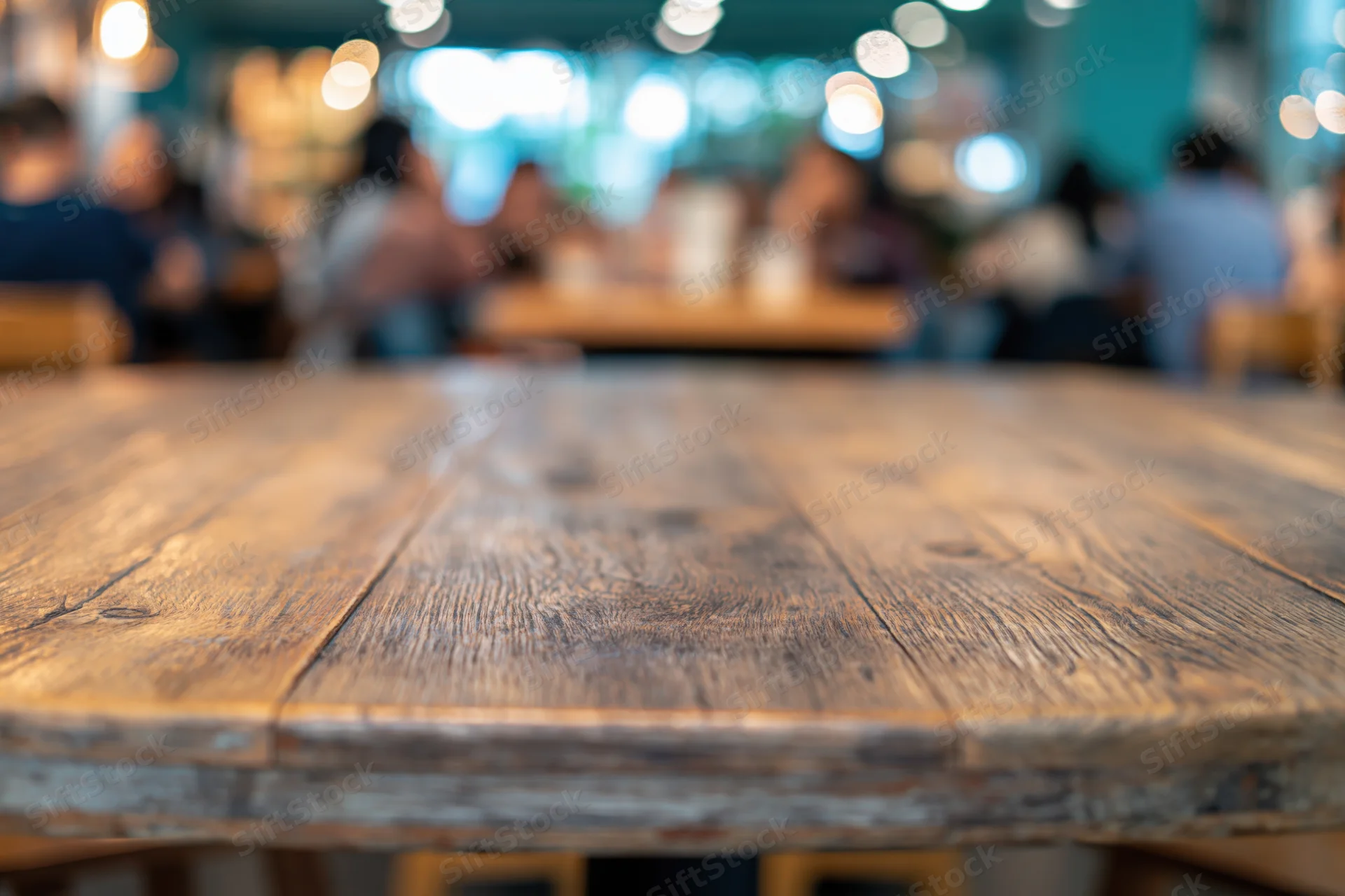 Rustic wooden table top in focus with blurred cafe interior and people in background