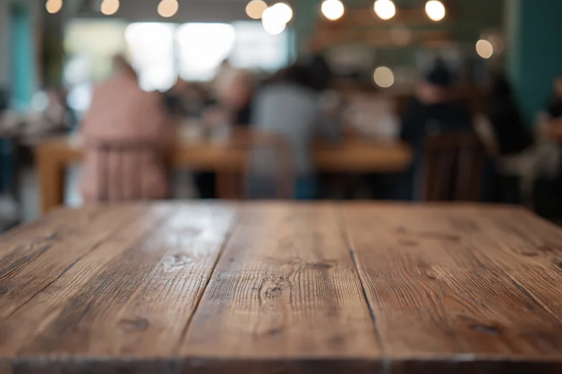 Rustic wooden table in foreground of blurred cafe interior with patrons seated at tables