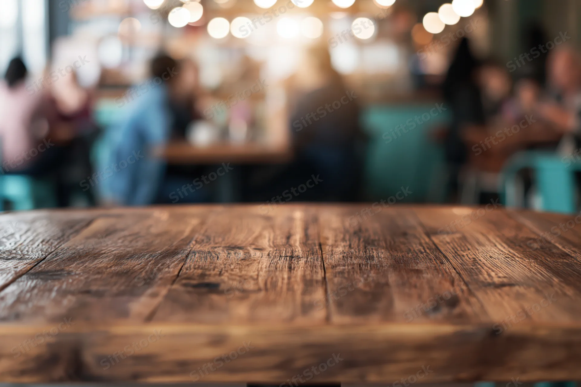 Rustic wooden table in a coffee shop with blurred patrons and warm lighting in the background