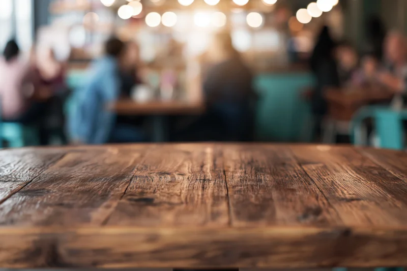 Rustic wooden table in a coffee shop with blurred patrons and warm lighting in the background