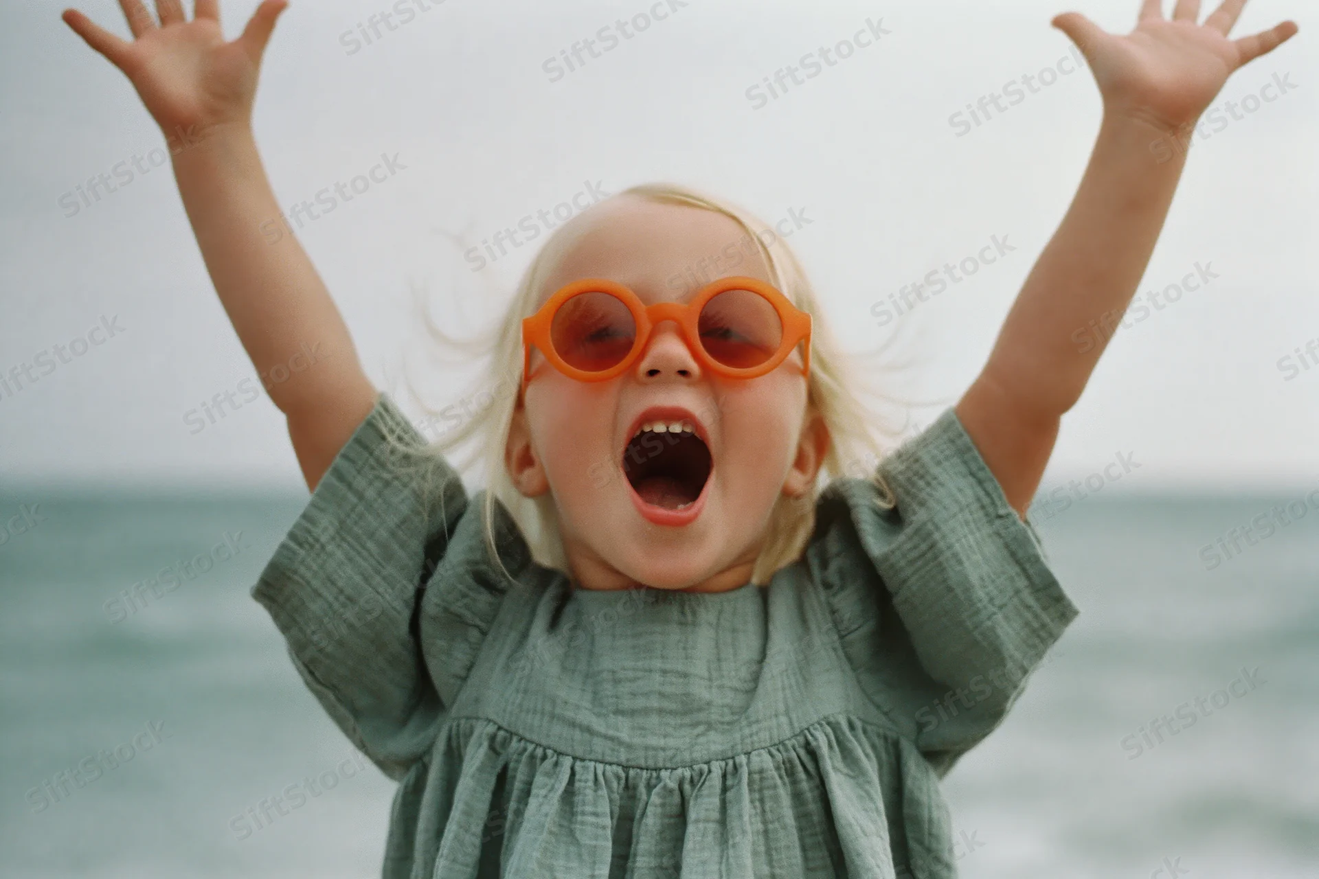 Excited blonde toddler girl with arms raised and mouth open at the beach