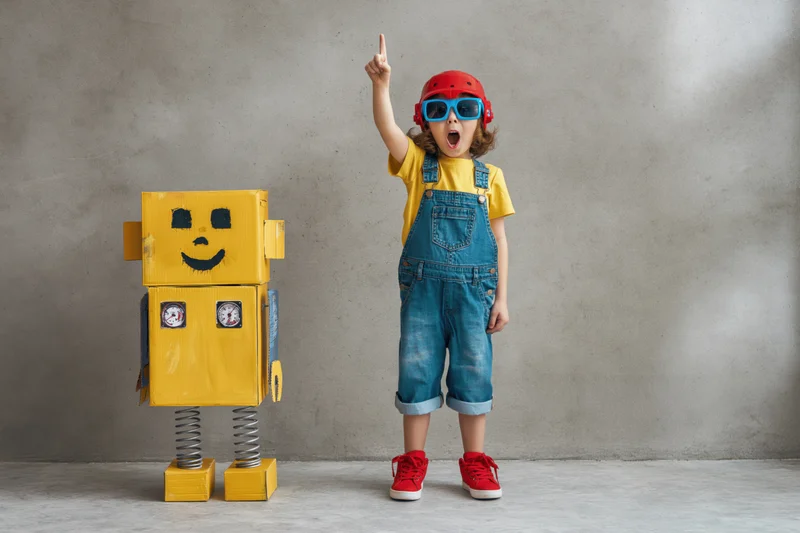 Excited child pointing upward while standing next to a homemade yellow cardboard robot indoors