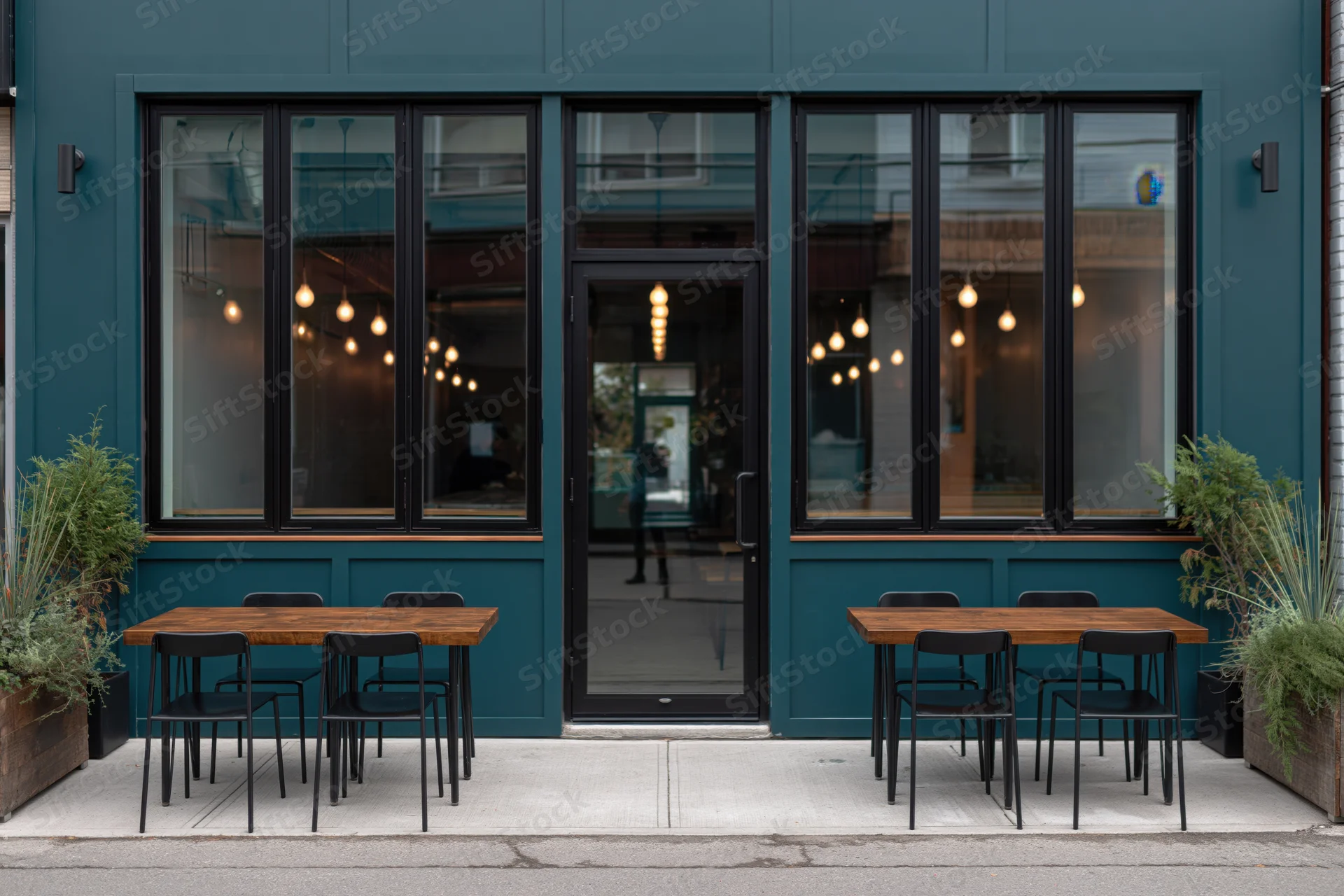 Modern cafe exterior with teal facade, black-framed windows, outdoor wooden tables and chairs on sidewalk