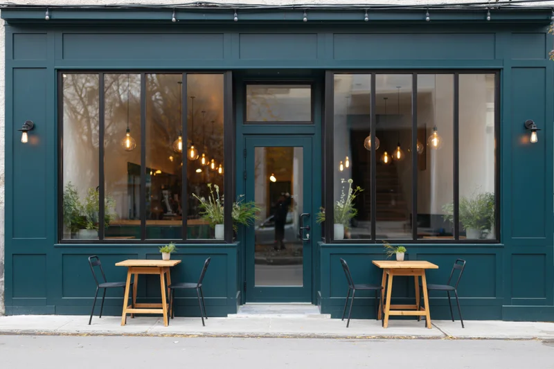 Modern teal cafe exterior with outdoor seating and large windows on a city street