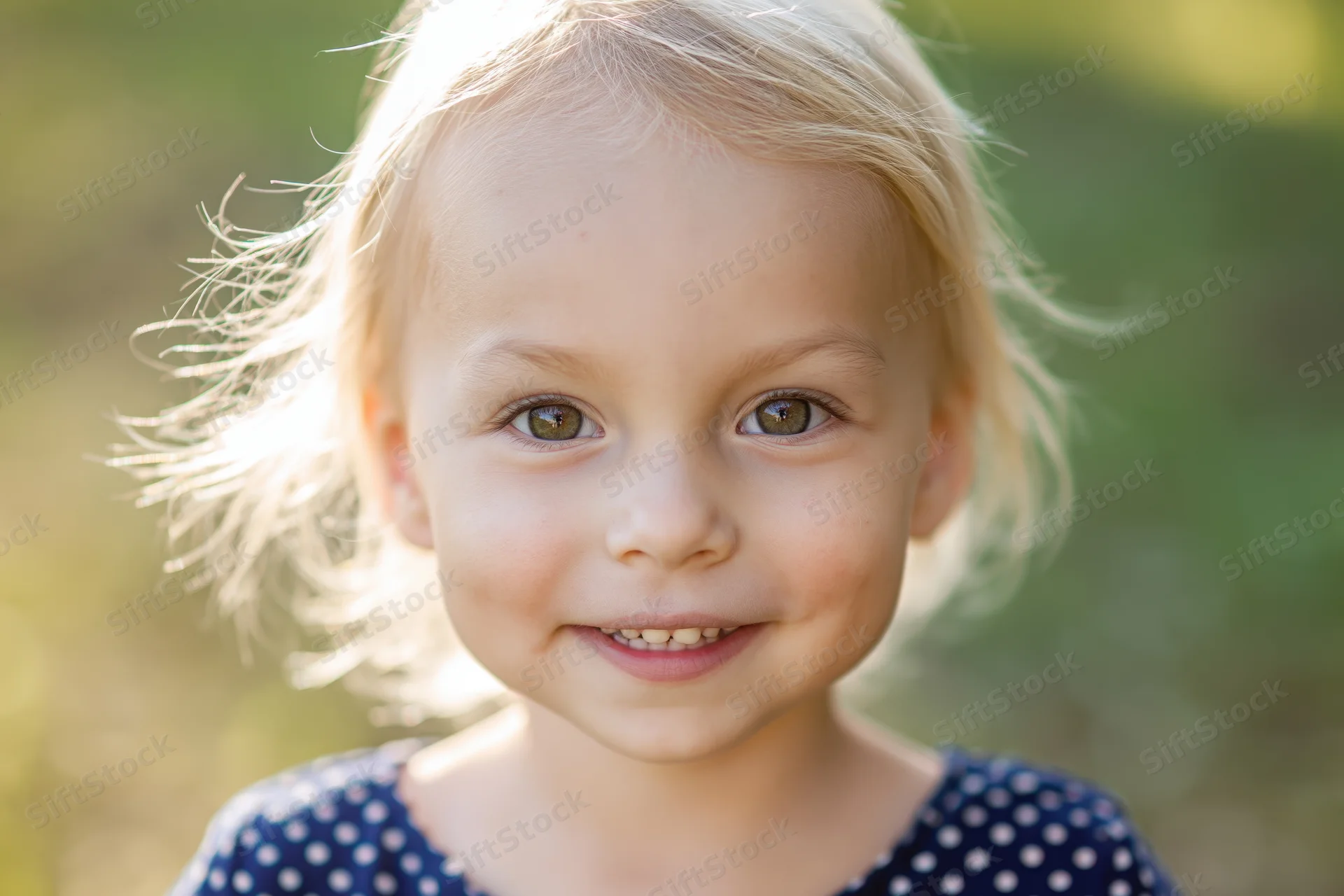 Close-up portrait of a smiling blonde toddler girl outdoors in sunlight wearing a blue polka dot dress