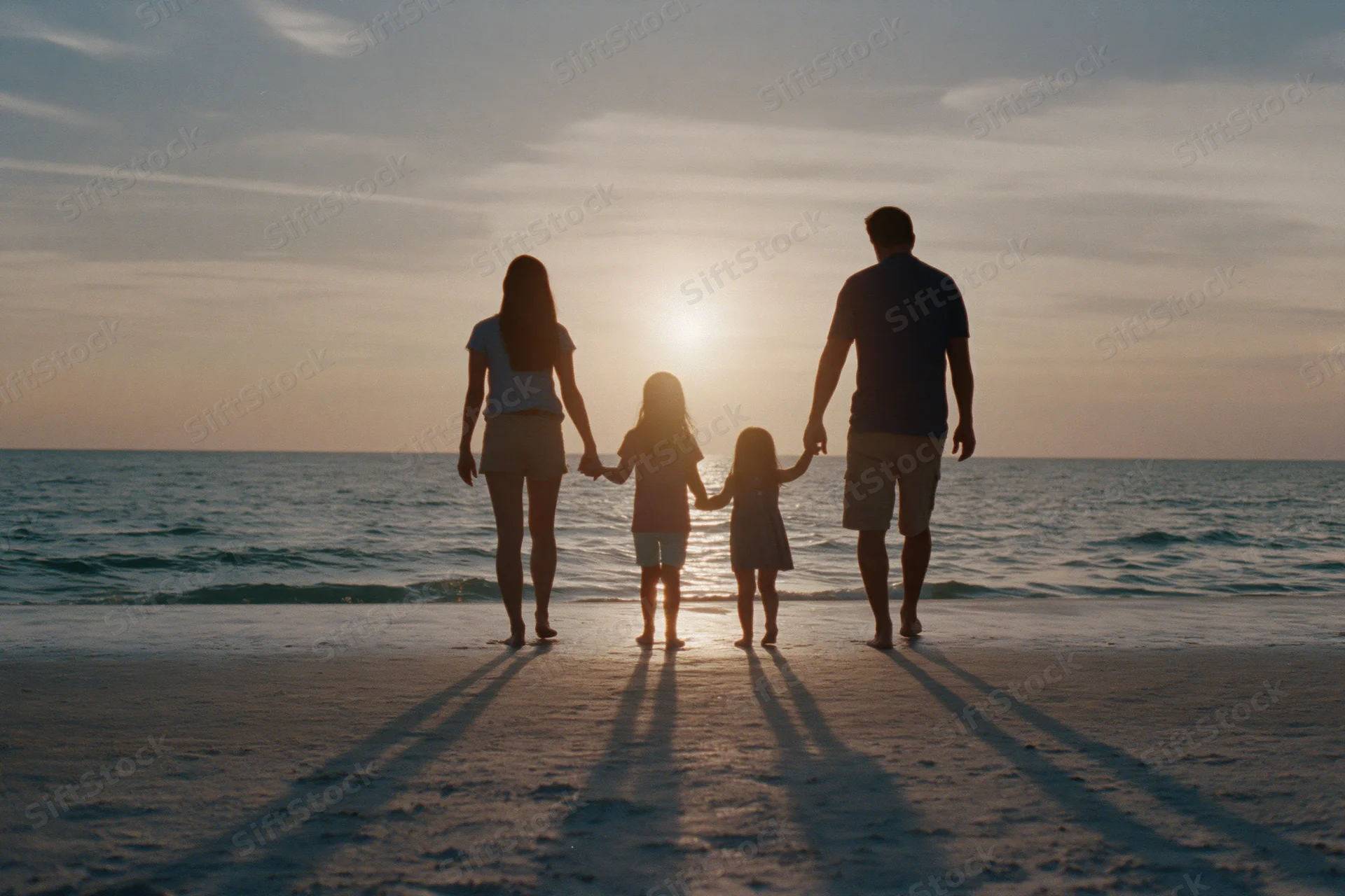 Family of four holding hands walking toward ocean at sunset on sandy beach
