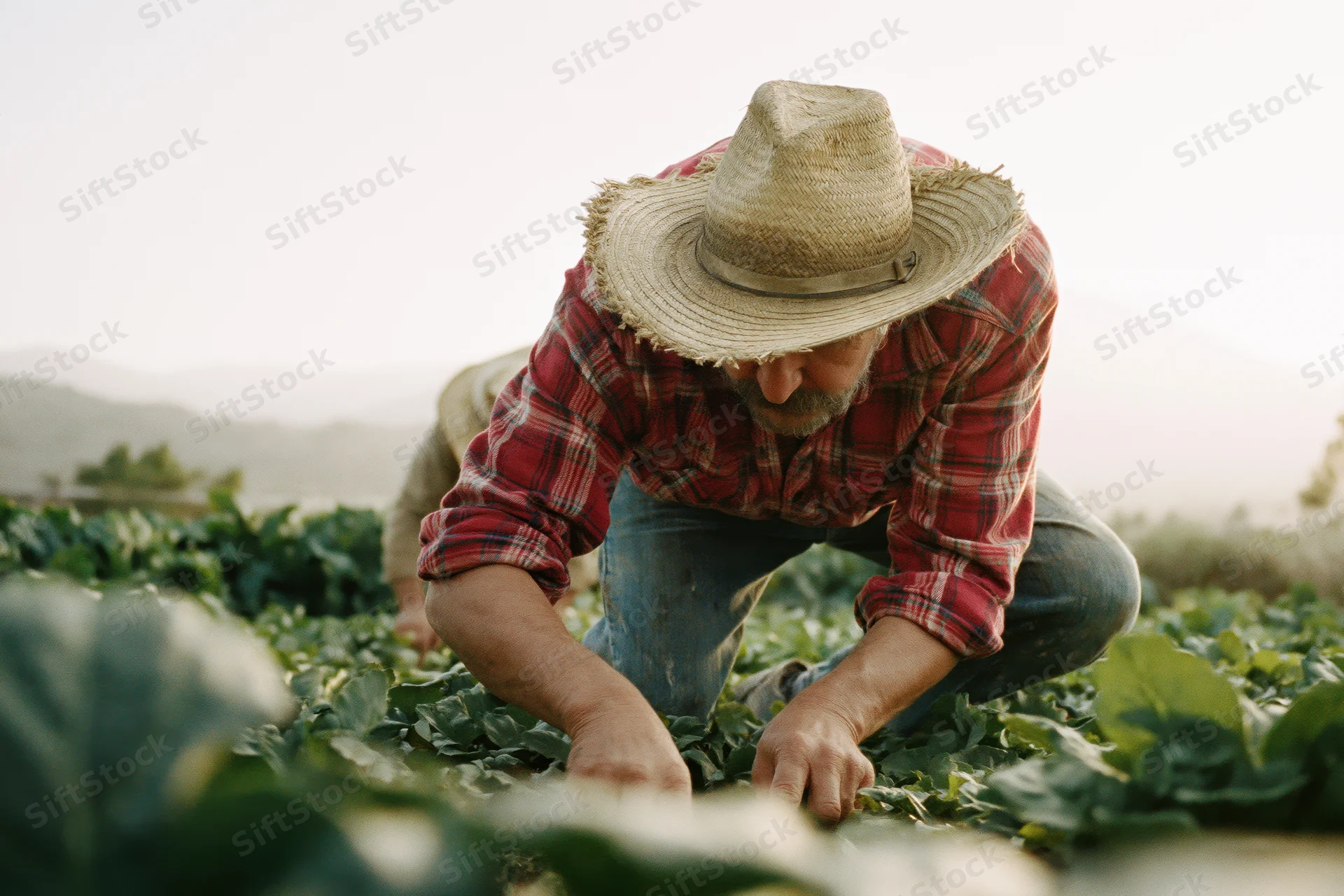 Farmer crouching to tend leafy crops in a field