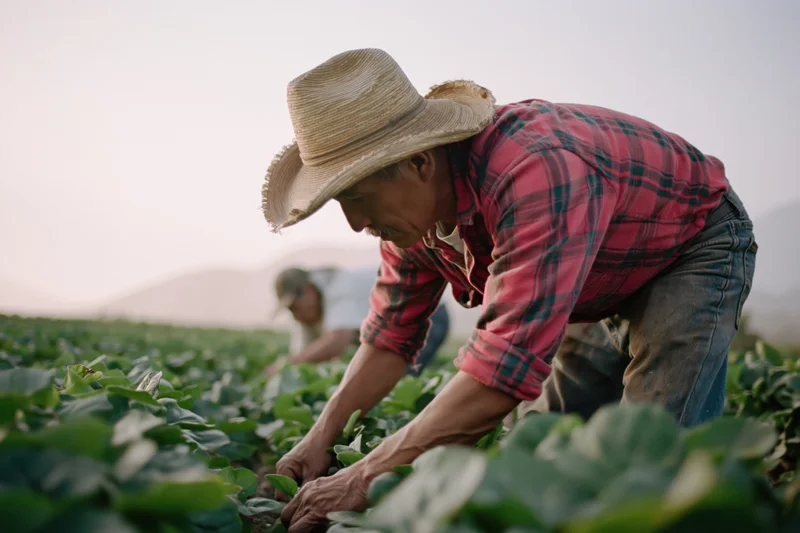 Farmer in straw hat tending leafy crops in a field