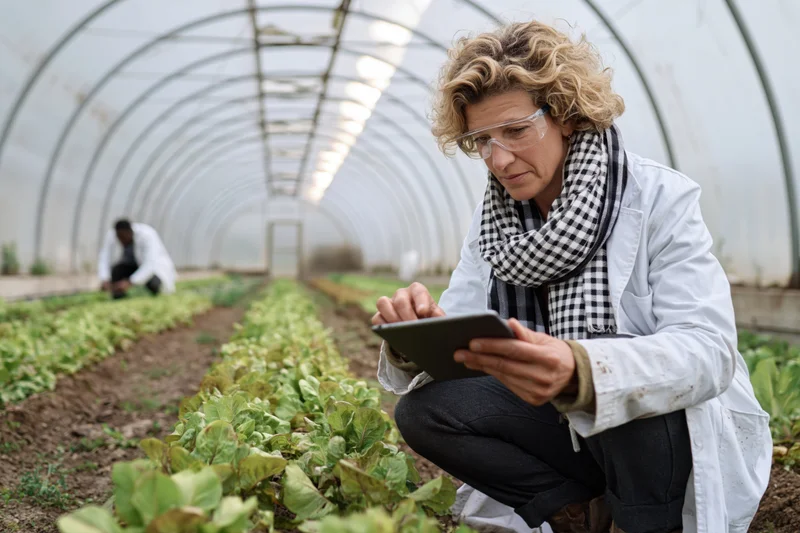 Woman scientist crouching in greenhouse using tablet to inspect rows of young leafy plants