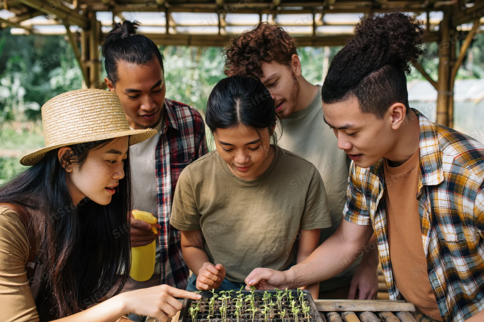 Five young people examining seedlings in a tray under a bamboo shelter