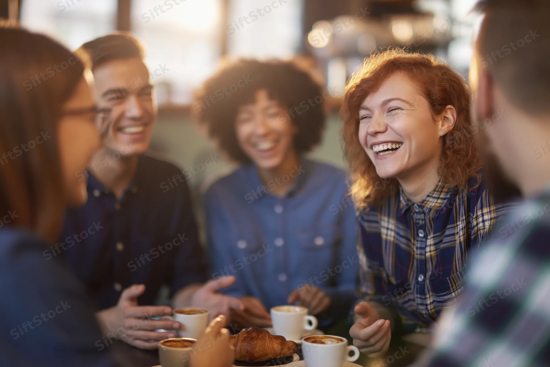 Friends laughing together around a table with coffee and pastries in a cafe